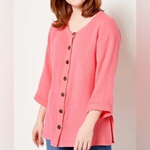 NEW - Joan Rivers Cotton Button Front Crinkle Texture Tunic Top. A506531. Small